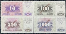 Bosnia, 10,100,500 and 1000dinara, 1992, SPECIMEN, Pick 10, 13, 14, 15 originals