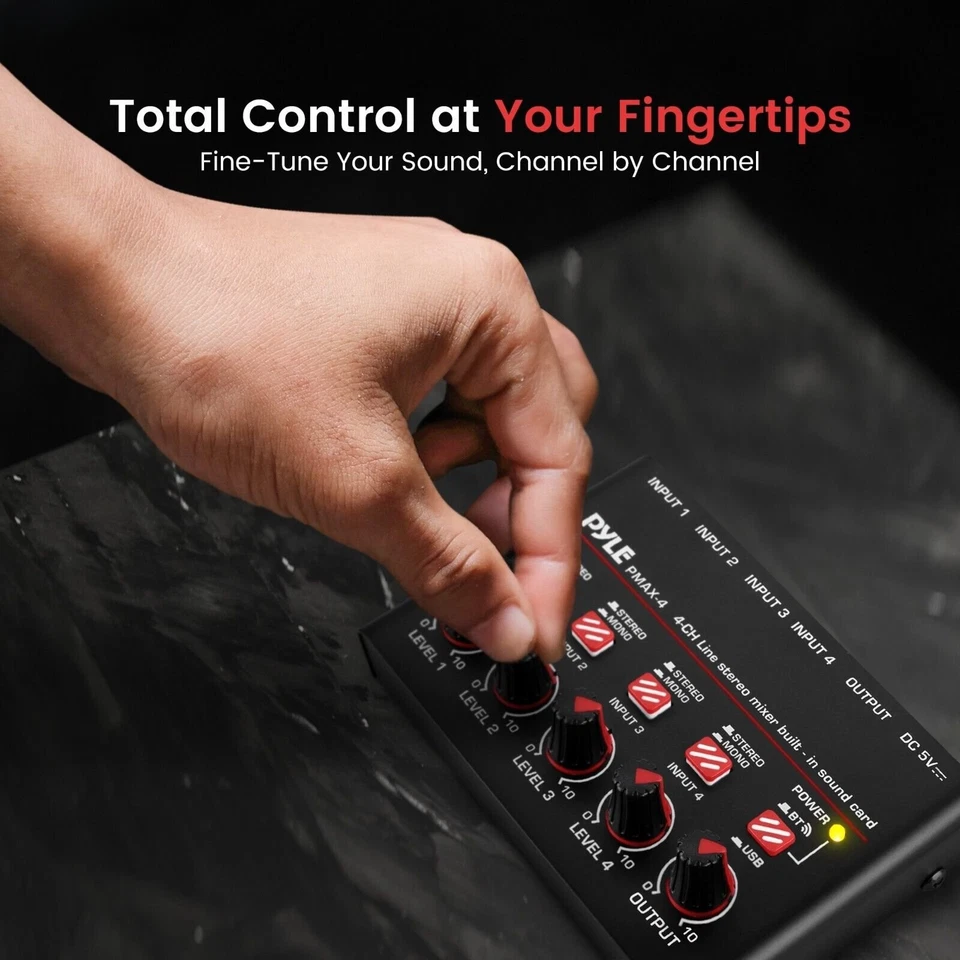 Pyle 4-Channel Wireless BT Streaming Mini Line Mixer w/ USB Audio Interface - Image 4 of 4