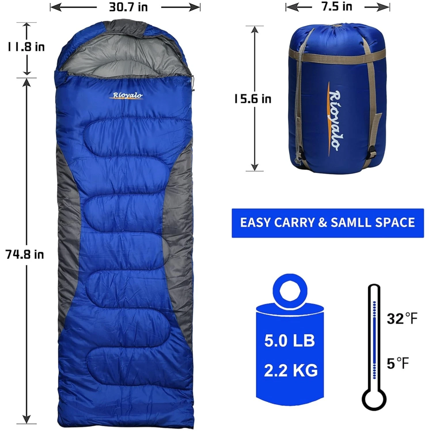 Envelope Hoodie Sleeping Bag for Backpacking - Royal Blue