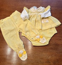 Vtg Checkered Yellow Infant Girl 3 Piece Long Sleeves, Long Pants, Diaper Cover