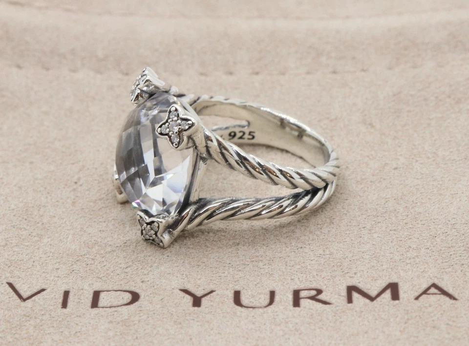 David Yurman Silver 14mm Cushion On Point Ring White Topaz & Diamonds size 6 - Image 2 of 4