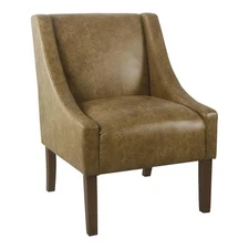 HomePop Wood and Faux Leather Swoop Arm Accent Chair in Brown