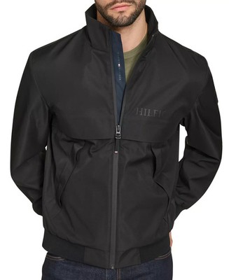 TOMMY HILFIGER Bomber Jacket Mens Large Black Tech Water Wind Resistant $175