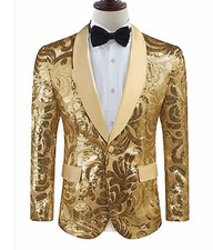 Men's Gold Sequin Floral Tuxedo Jacket Shawl Lapel One-Button Lined M 38"