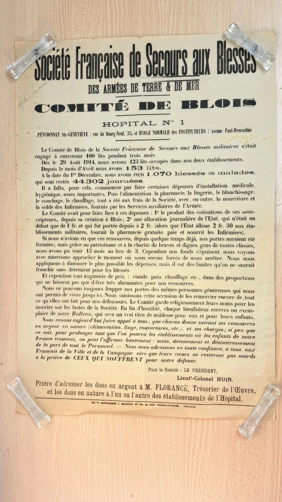 Affiche appel aux dons Comité de Blois Hôpital n°1 Croix-Rouge WW1