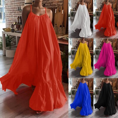 Plus Size Women Sleeveless Casual Beach Maxi Tank Dress Holiday Swing Sundress
