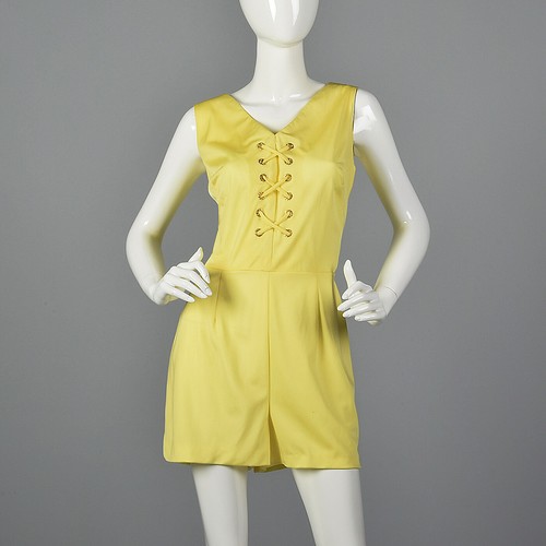 Large 1970s Womens Yellow Romper Vintage Sleeveless Short Summer Beach Wear - Picture 2 of 10