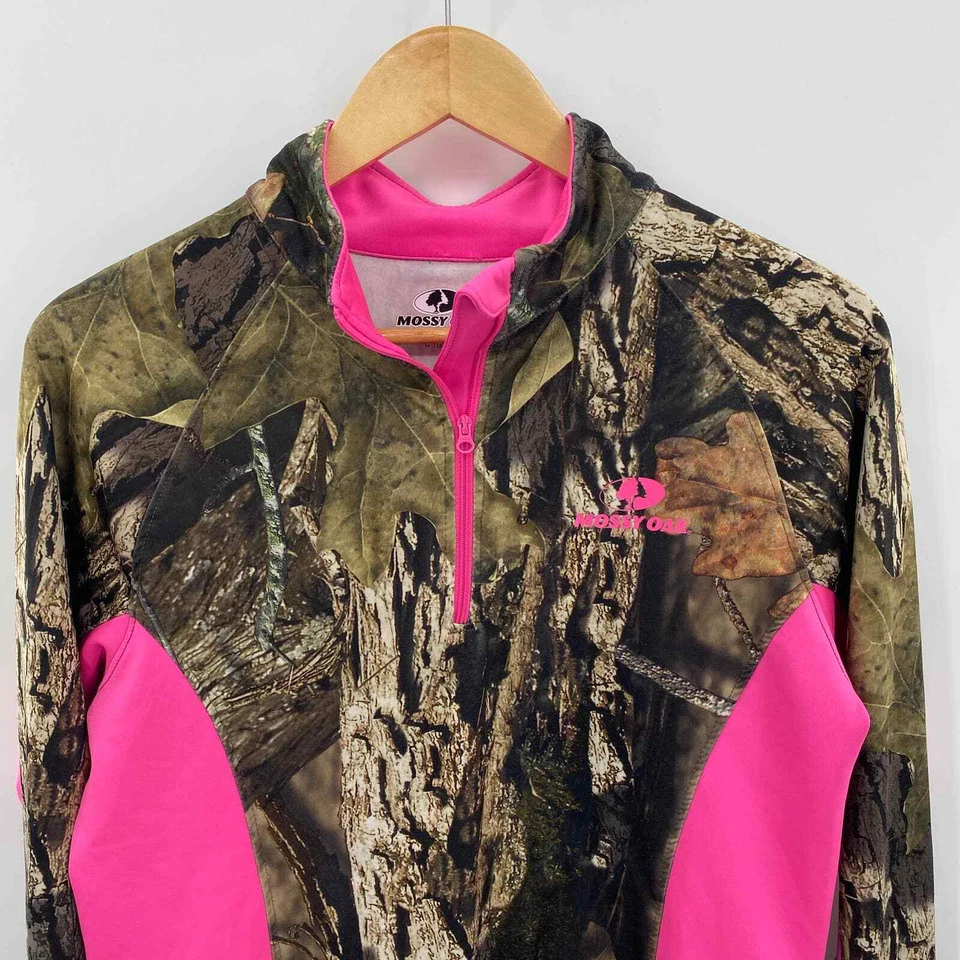 Mossy Oak 1/4 Zip Baselayer Shirt Womens Medium Green Pink Camo Print Polyester - Image 3 of 4
