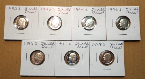 1992 1993 1994 1995 1996 1997 1998 S SILVER Proof Roosevelt Dime 7 Coin Set Lot