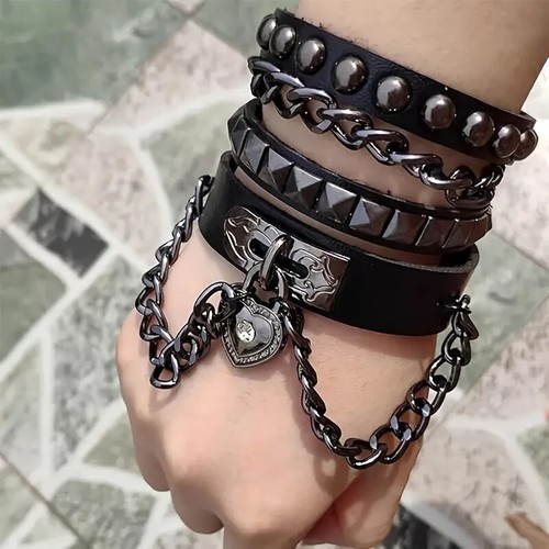 Punk Chain Bracelet, Goth Wristband with Heart, Rock and Roll Bracelet Q - Picture 4 of 5