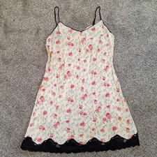 Julianna Rae silk chemise Slip Sz M? Ivory Floral Black Lace Girly babydoll