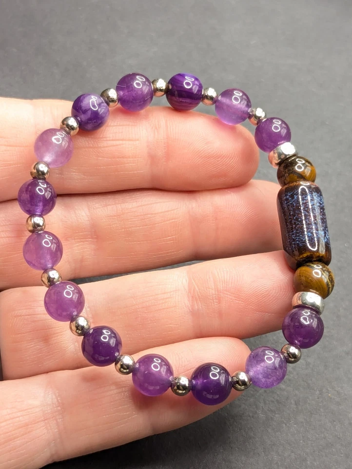 Pulsera elástica con cuentas púrpuras/ojo de tigre elegante para mujer (16 cm) Foto 4 de 4