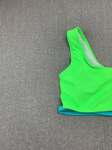 Two Tone One Shoulder Bikini Tankini Swimsuit Top Girls 15-16Y Neon Green Teal - Picture 3 of 12