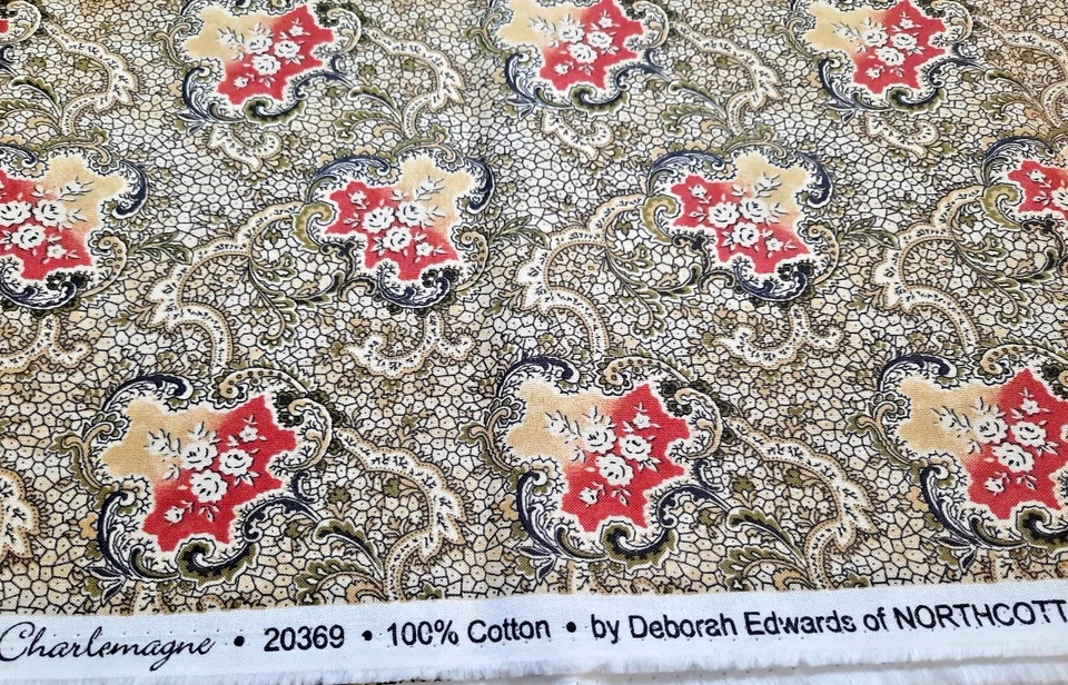 BTY Charlemagne 20369 Deb Edwards Northcott Fab желтые зеленые красные цветочные свитки - Изображение 2 из 3