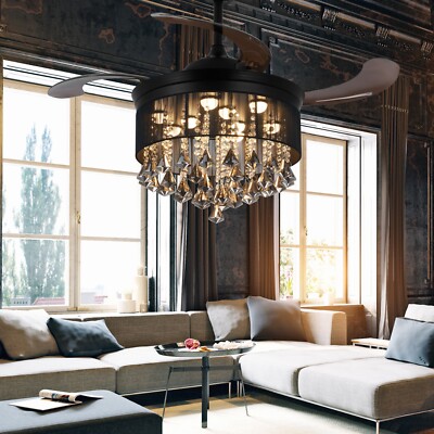 42'' Black Diamond Crystal Chandelier 3-Color LED 3-Speed Ceiling Fan Light