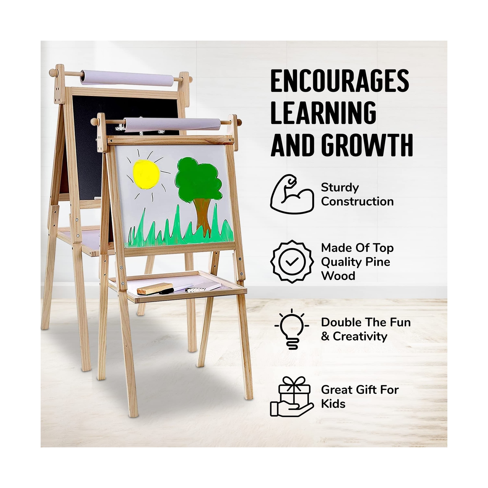 Kraftic Deluxe Standing Art Easel for Kids - Toddler Drawing Chalkboard, Magn...