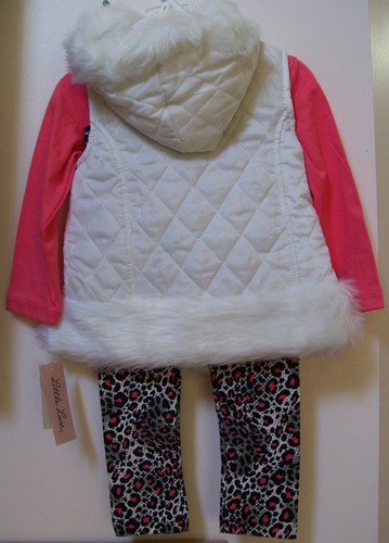 Little Lass 3 Pc White Hooded Fur Trim Vest Coral Shirt & Leopard Leggings Sz 4 - Picture 2 of 2