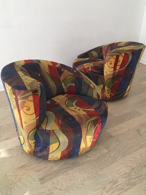 Vintage pair of 2 multicolor ''nautilus'' corkscrew swivel chairs, mcm, 70's