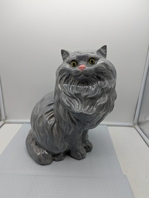 Vintage Mid Century Life-Size Ceramic Gray Persian Cat Statue Decor Gray 15''