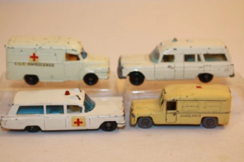 Four (4) Vintage 1950's - 1960's Matchbox Lesney Ambulance Cars BPW & GPW