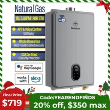 Tankless Water Heater Natural Gas Voice Control 5.1GPM 12000 BTU Whole House