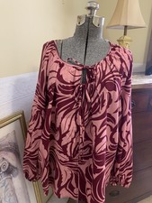 Women's Plus Size 2X Contrast Print Tie Front Blouse 100 Cotton , NEW