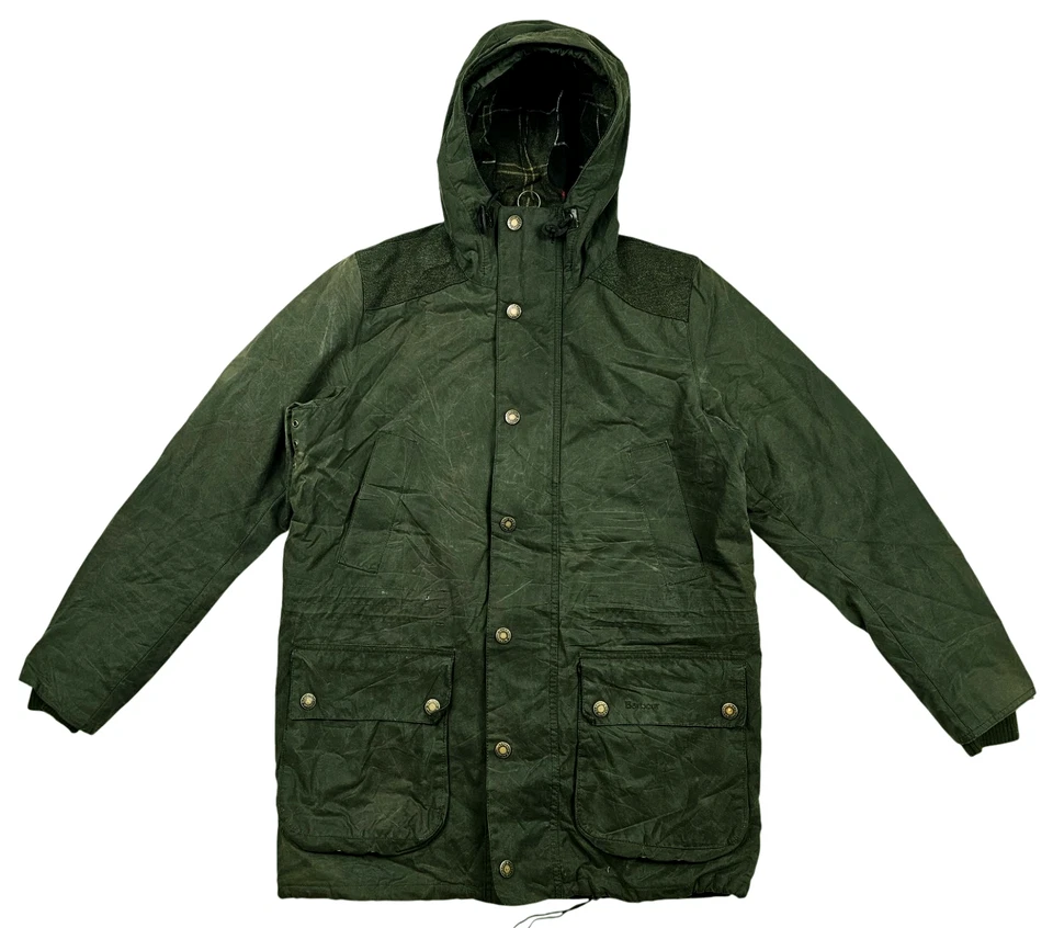 *HOT Men's BARBOUR @ WADDOW TARTAN PARKA HOOD LINED WOOL SAGE GREEN WAXED Coat M - Image 2 of 4