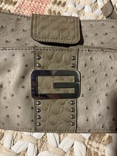 GUESS Taupe Studded Buckle Accent Wristlet Animal Print Glossy Clutch Women's