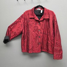 Chico's Design Jacket Womens Size 3 Red Silk Embroidered Paisley Beaded Boho