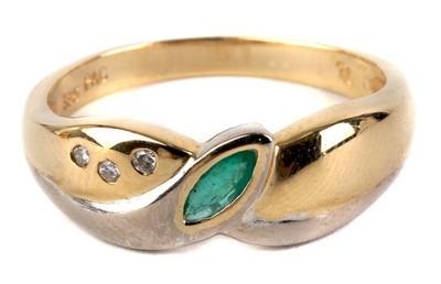moderner Ring mit Smaragd und Diamanten aus 585 Gold RG 54 Navette Grün Emerald