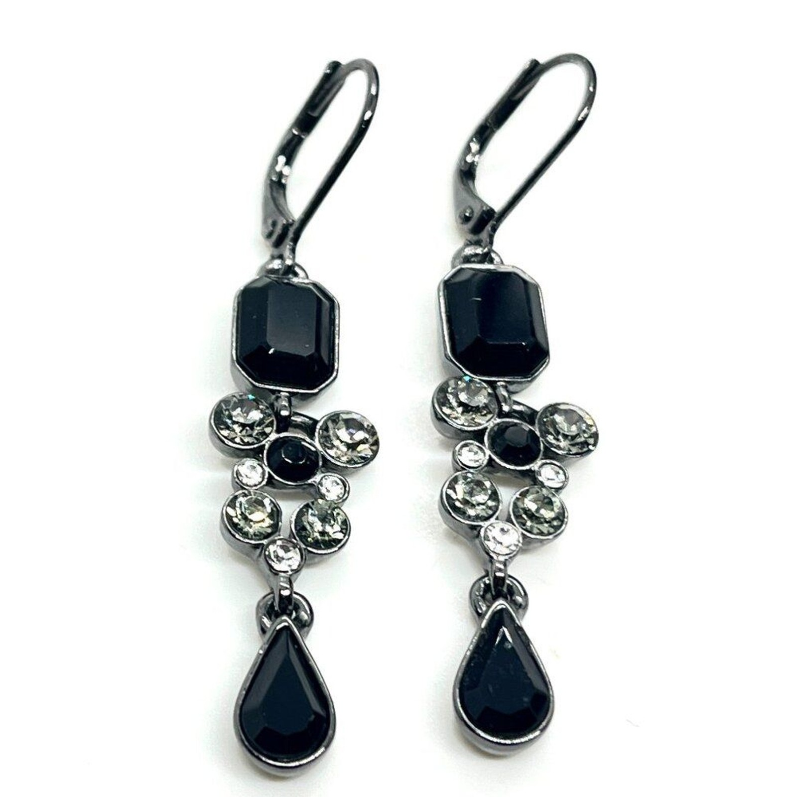 GIVENCHY Gunmetal Black Rhinestone Drop Earrings Faceted Glass Leverback Classic thumbnail 4
