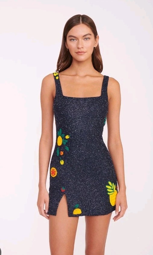 NUEVO CON ETIQUETAS STAUD Le Sable Mini Vestido con Cuentas a Mano en Ensalada de Frutas Talla M $995 ¡RARO!