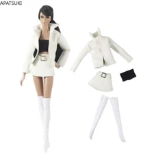 White Leather Clothes Set For 11.5" Doll Outfits Fashion Jacket Trenchcoat Socks