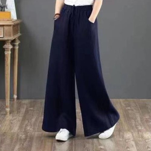 Women's Baggy Drawstring Waist Wide Leg Casual Loose Cotton Linen Palazzo Pants - Picture 17 of 20
