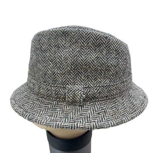 Harris Tweed Mens Size 23in Fedora Hat Grey Herringbone Hand Woven TINY FLAW - Picture 2 of 13