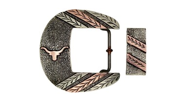 Maverick Longhorn 2 Piece Belt Buckle With Copper and Silver, Hand Engraved