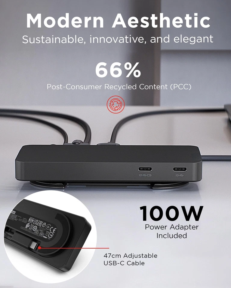 Base de viaje Lenovo USB C doble pantalla 7 puertos 4K HDMI DP 100W PD Foto 3 de 4
