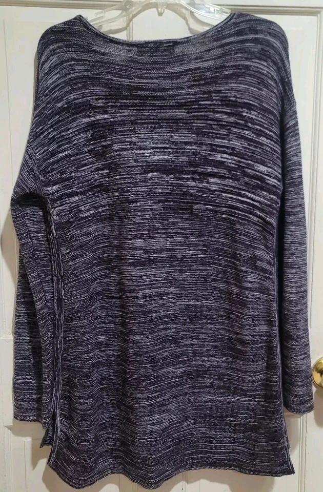 Ellen Tracey 紫色/灰色条纹套衫毛衣束腰长袖开衩 L 码 — 第 3/4 张图片