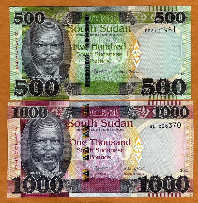 SET South Sudan, 500-1000 Pounds, 2021 P-new, New Date, New Signature UNC