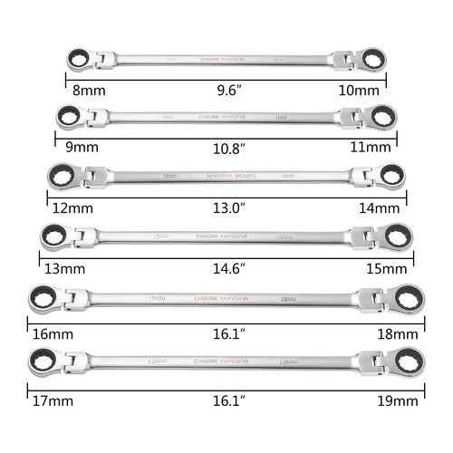 Juego de llaves de trinquete de cabeza flexible métrica de 6 piezas de 8-19 mm extra largas de doble caja - Imagen 4 de 13