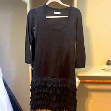 Calvin Klein Sweater Dress Womens S Charcoal Gray Fringe Hem Long Sleeve Knit
