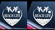 Beach Life Water Palm Trees TWO White Vinyl Decals Car Window Laptop Notebook