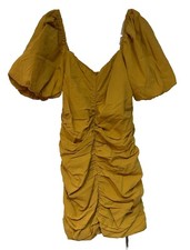 NWT NEW FOREVER 21 DRESS SIZE M Mustard RUCHED SHORT PUFF SLEEVE ZIP Back