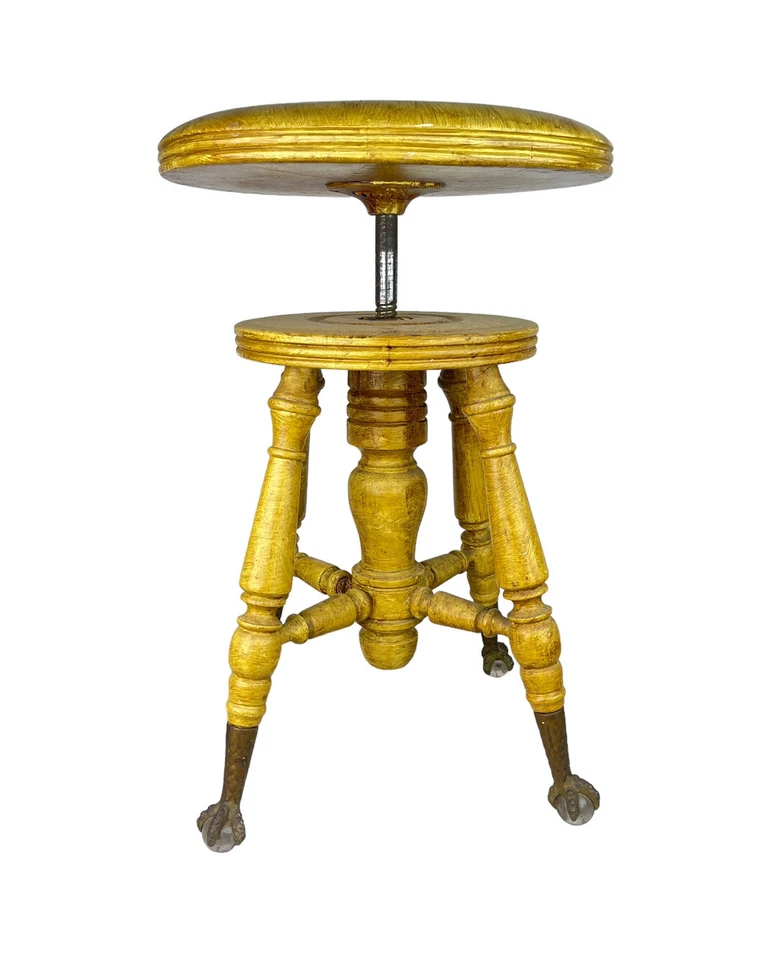 Antiguo taburete de piano vintage con patas de garra de vidrio asiento ajustable eleva y baja Foto 2 de 4