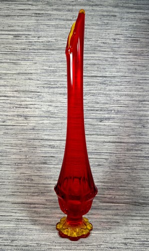 Vintage Fenton Valencia Orange Red Amberina Swung Stretch Art Glass Vase 15.25" - Picture 7 of 21