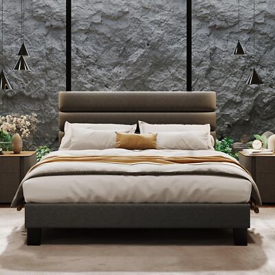 King Queen Full Bed Frame ,Modern Fabric Upholstered Platform Bed w/ Headboard