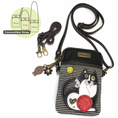 NEW CHALA BLACK WHITE STRIPE FAT CAT CELL PHONE CROSSBODY PURSE ADJUSTABLE STRAP