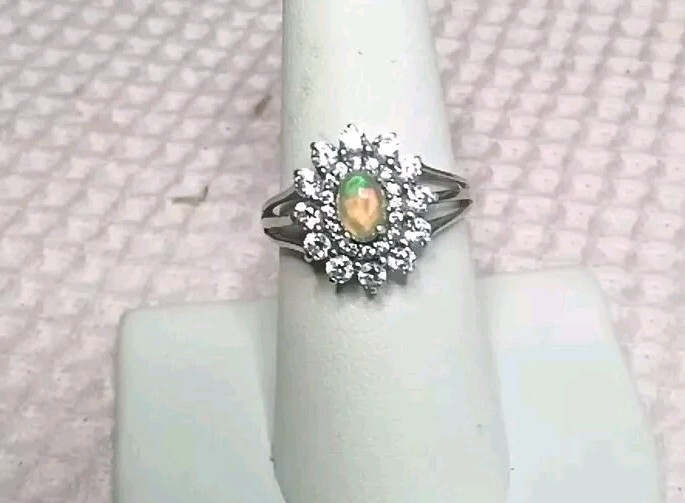 Sterling Silver Natural Fire Opal With CZ Accent Around Opal Size 8