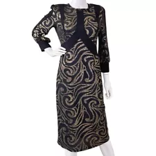 Kayla Tally Taylor Metallic Swirl Stretch Formal Evening Dress Black Gold Size 8