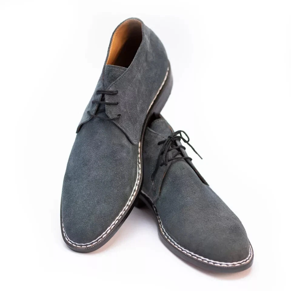 Handmade Suede Leather Formal Gray Chukka Lace Up Ankle Dress Boots For Men 7-15